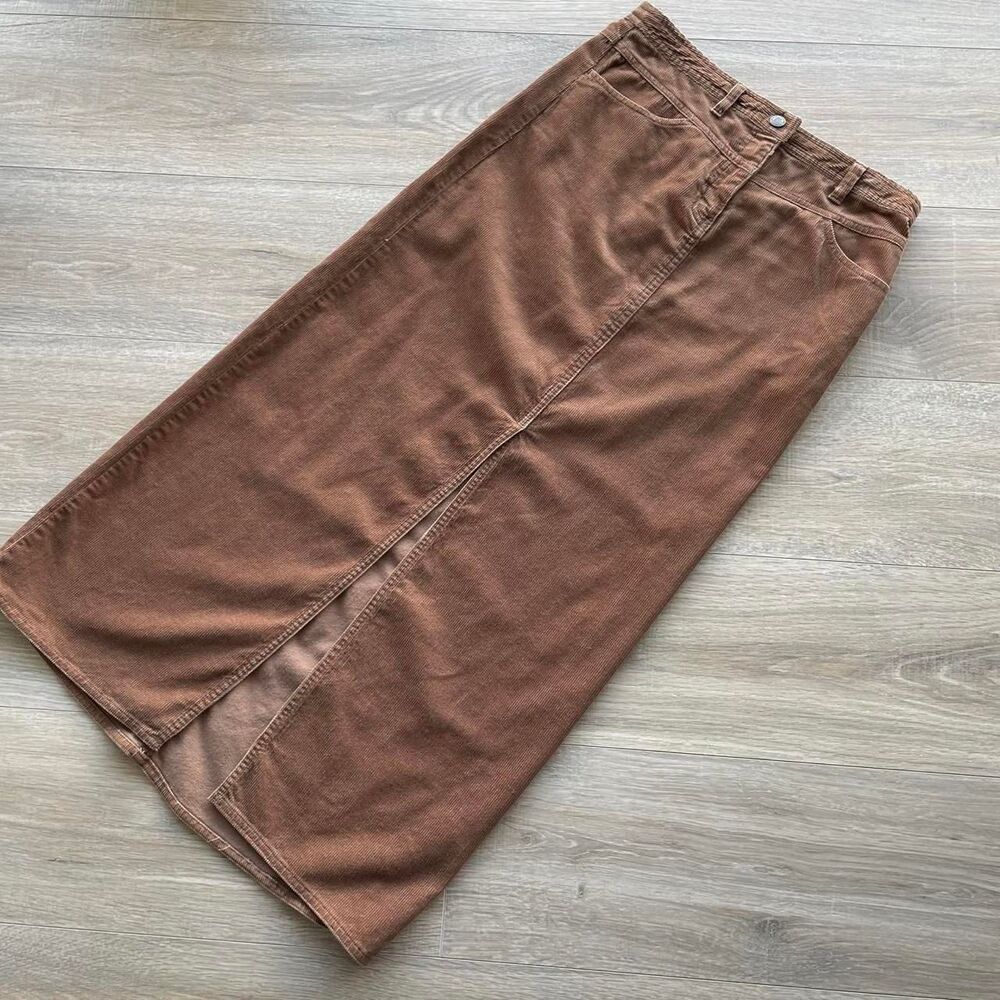 VTG Brown Corduroy Maxi Skirt Front Slit Y2K Women's sz 4 Boho Western Cowgirl